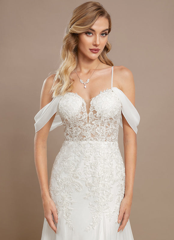 Robe Chic Blanche Dentelle Traîne - gallery 3