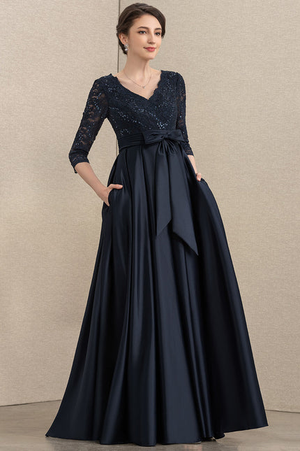 Robe Chic Bleu Nuit Évasée Satin Dentelle