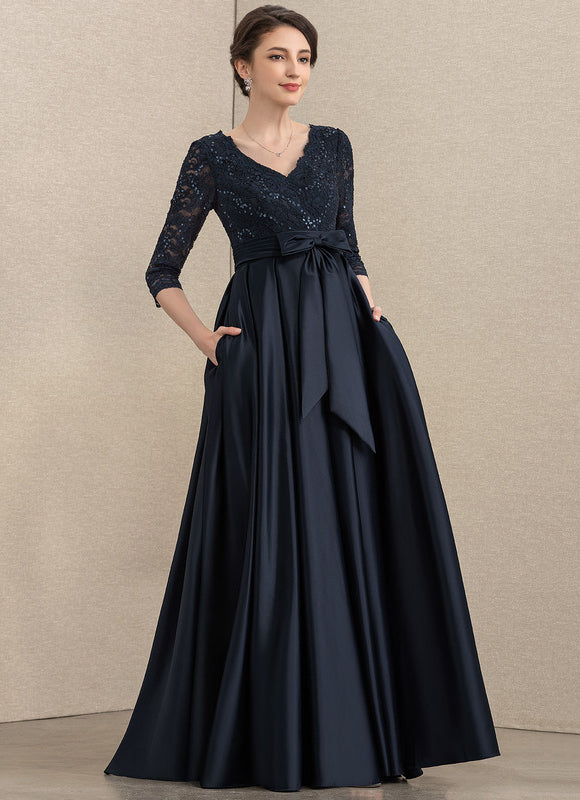 Robe Chic Bleu Nuit Évasée Satin Dentelle