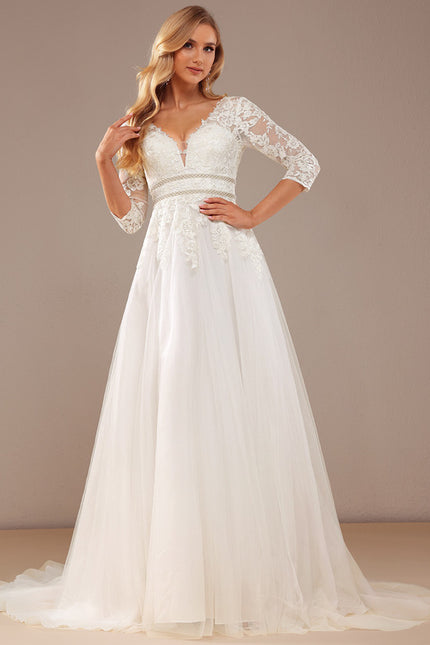 Robe Chic Blanche Traîne En Dentelle - gallery 5