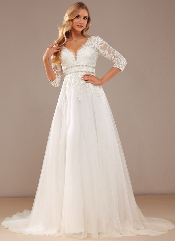 Robe Chic Blanche Traîne En Dentelle - gallery 5