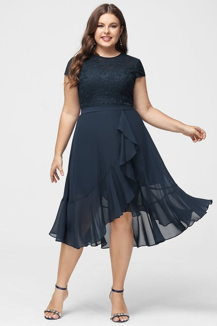 Robe Chic Bleu Nuit Mousseline Dentelle - gallery 7