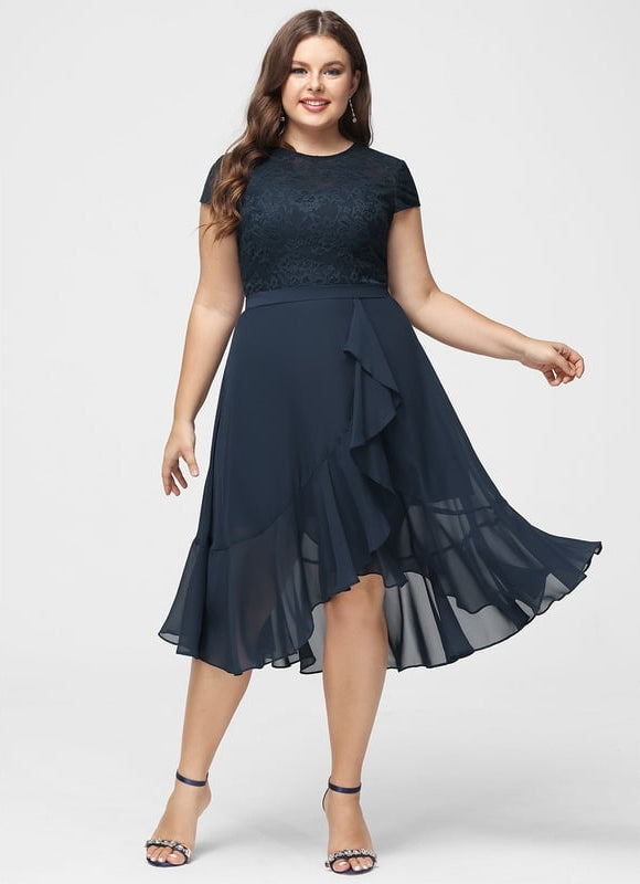 Robe Chic Bleu Nuit Mousseline Dentelle - gallery 7