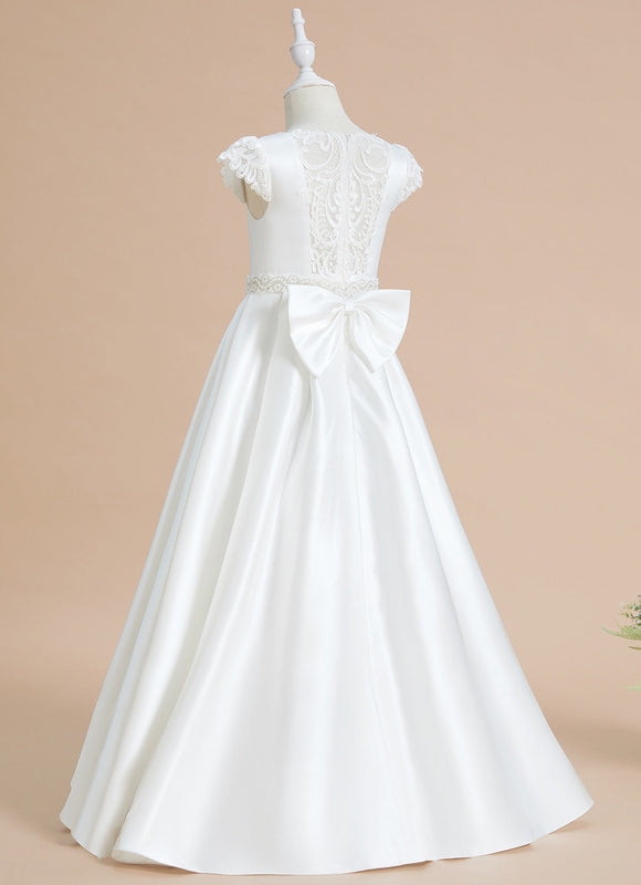 Robe Chic Blanche Satin Dentelle Pour Fille - gallery 1