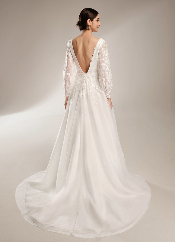 Robe Chic Blanche Satin Dentelle Élégante - gallery 2