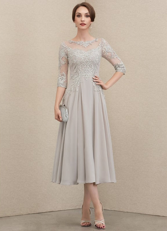 Robe Chic Gris Perlé Mousseline Dentelle - gallery 2