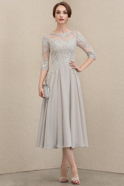 Robe Chic Gris Perlé Mousseline Dentelle - gallery 2