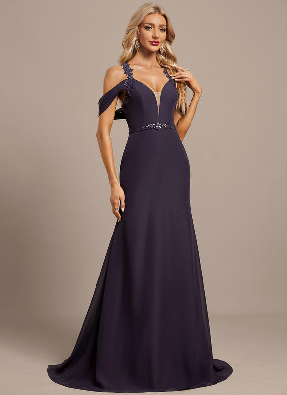 Robe Chic Bleu Nuit Décolleté Épaules Dénudées - gallery 3