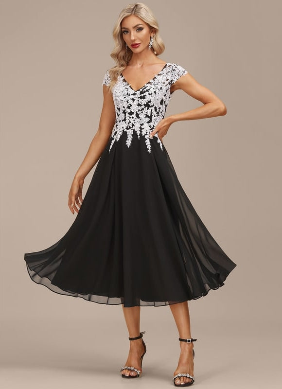 Robe Chic Noire Dentelle V-Cou Élégant - gallery 1