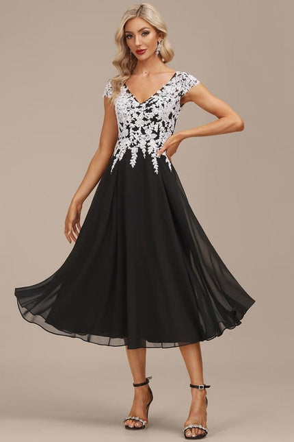 Robe Chic Noire Dentelle V-Cou Élégant - gallery 1