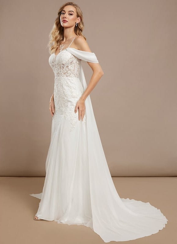 Robe Chic Blanche Dentelle Traîne - gallery 2