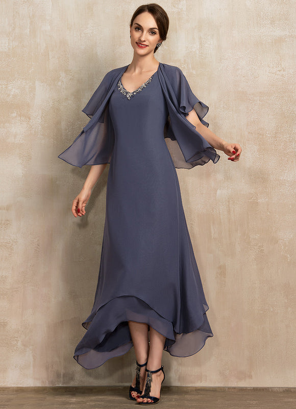 Robe Chic Gris Perle Asymétrique Avec Perles - gallery 1
