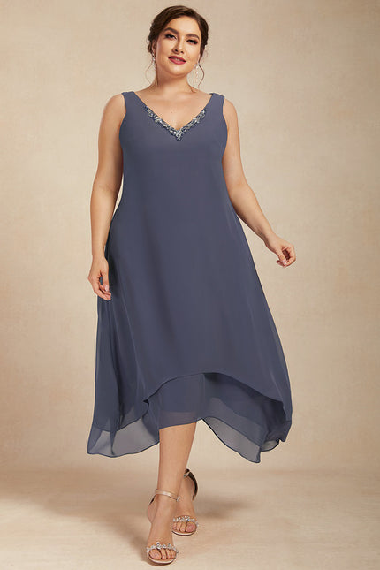 Robe Chic Gris Perle Asymétrique Avec Perles - gallery 8