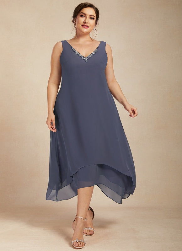 Robe Chic Gris Perle Asymétrique Avec Perles - gallery 8