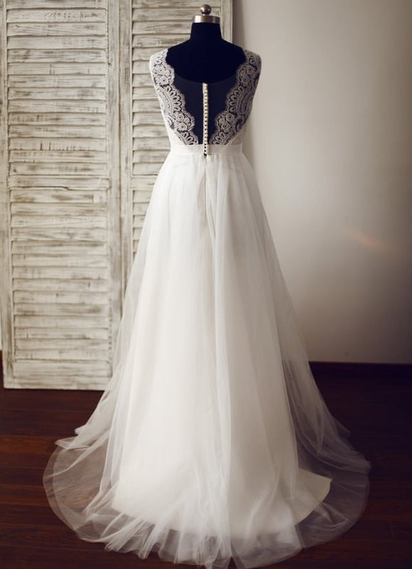 Robe Chic Blanche Trapèze Traîne Tulle - gallery 2