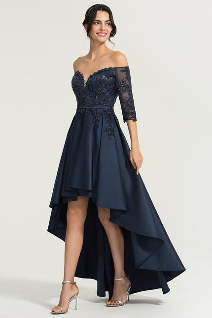 Robe Chic Bleu Marine Satin Asymétrique - gallery 2