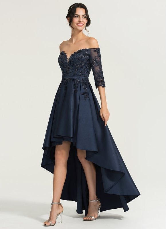 Robe Chic Bleu Marine Satin Asymétrique - gallery 2