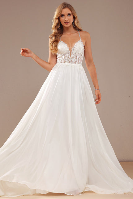 Robe Chic Blanche Traîne Mousseline Dentelle - gallery 6