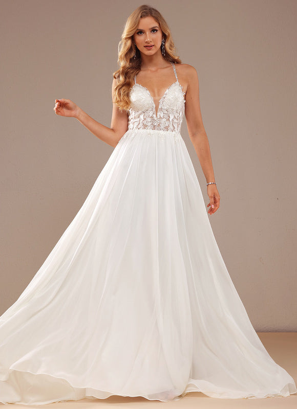 Robe Chic Blanche Traîne Mousseline Dentelle - gallery 6