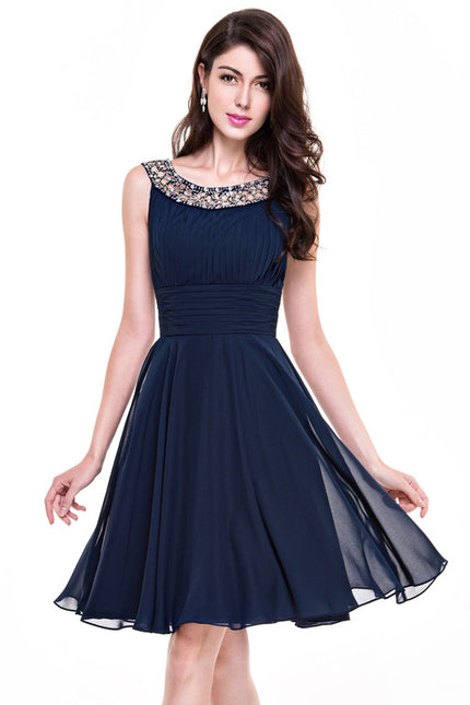 Robe Chic Bleu Nuit Cocktail Volants Perles