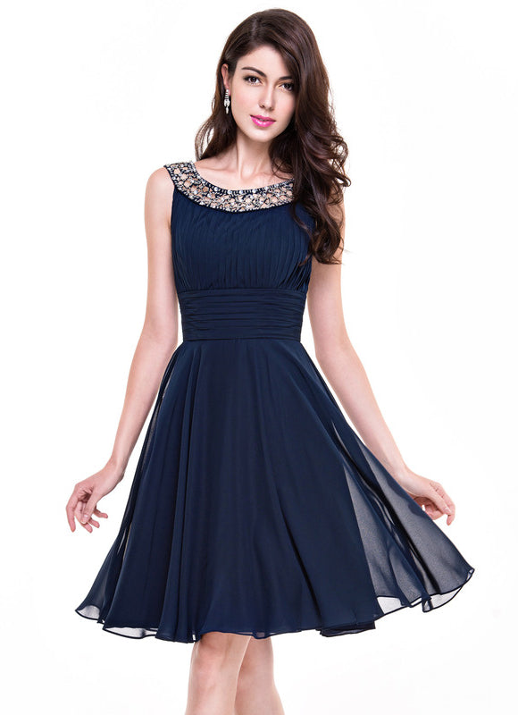 Robe Chic Bleu Nuit Cocktail Volants Perles