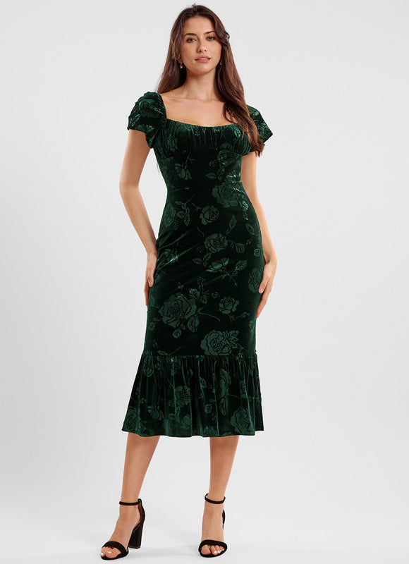Robe Chic Velours Vert Floral - gallery 1