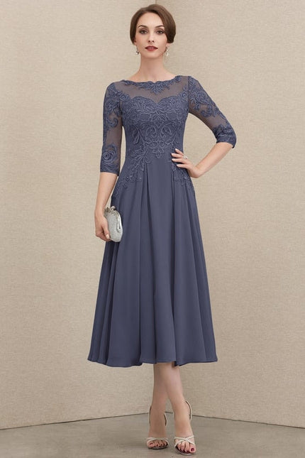 Robe Chic Gris Perlé Mousseline Dentelle - gallery 4