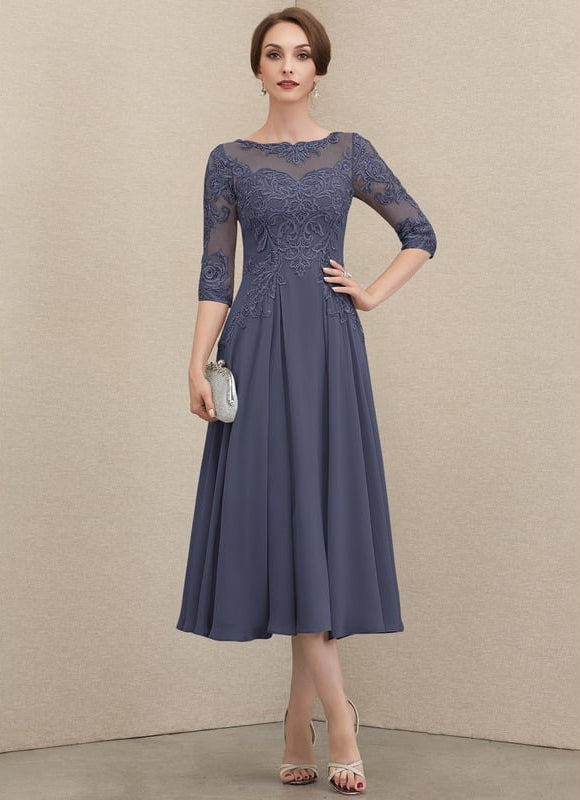 Robe Chic Gris Perlé Mousseline Dentelle - gallery 4