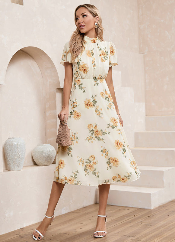 Robe Chic Midi Fleurie Écrue - gallery 3