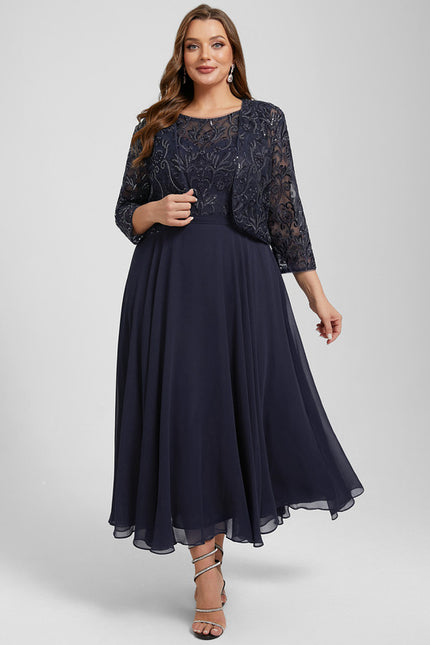 Robe Chic Bleu Nuit Élégante À Dentelle - gallery 9