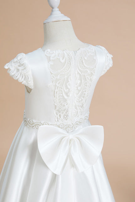 Robe Chic Blanche Satin Dentelle Pour Fille - gallery 2