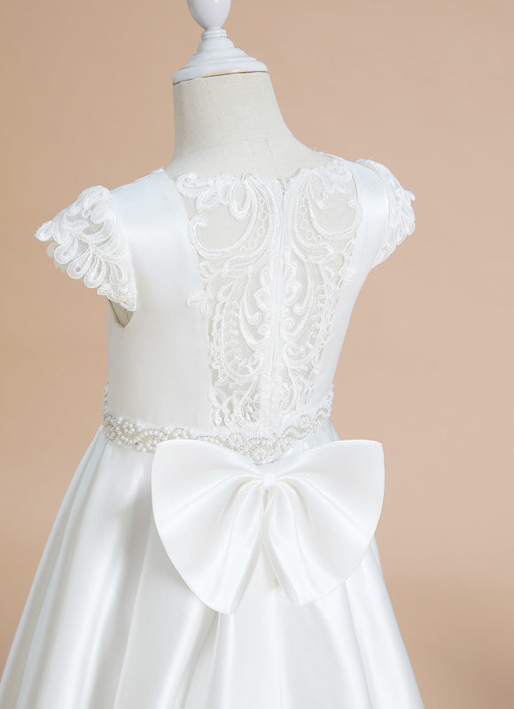 Robe Chic Blanche Satin Dentelle Pour Fille - gallery 2