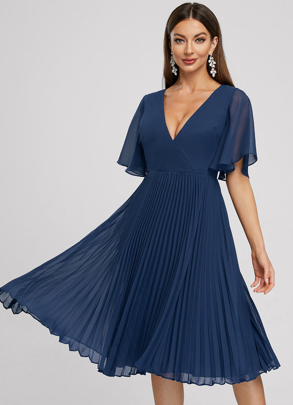 Robe Chic Bleu Plissé Élégant