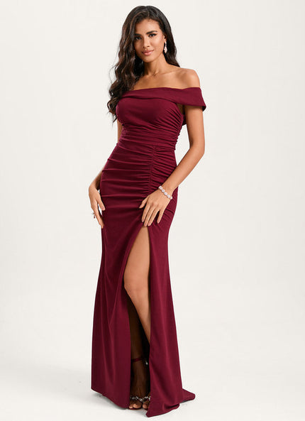 Robe Chic Épaule Dénudée Bordeaux
