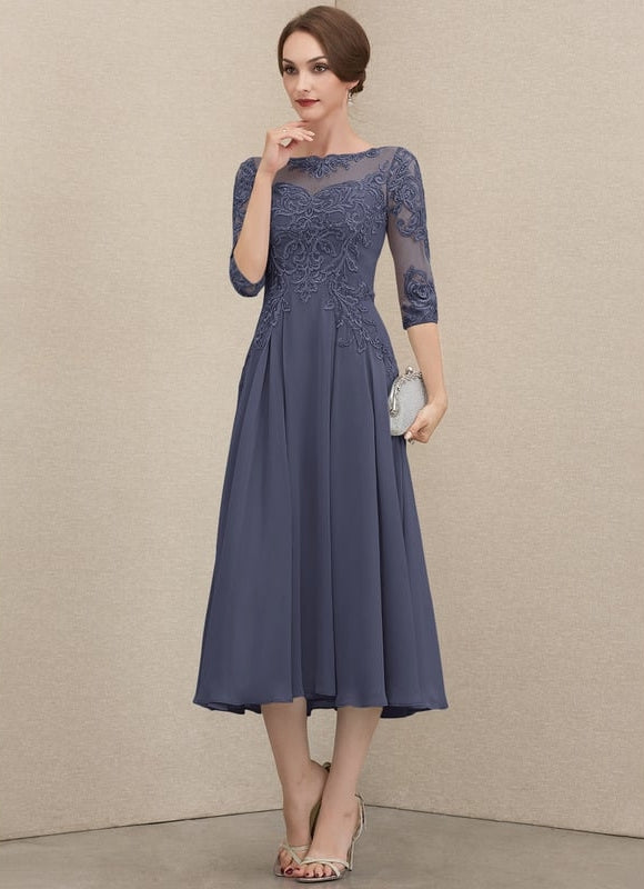 Robe Chic Gris Perlé Mousseline Dentelle - gallery 5