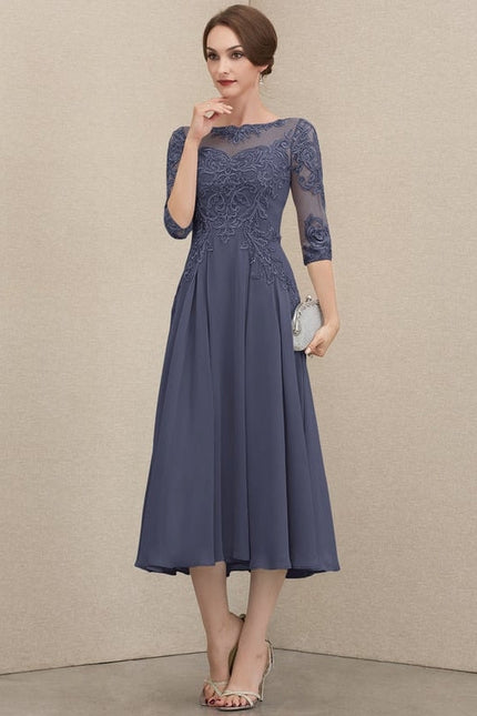 Robe Chic Gris Perlé Mousseline Dentelle - gallery 5
