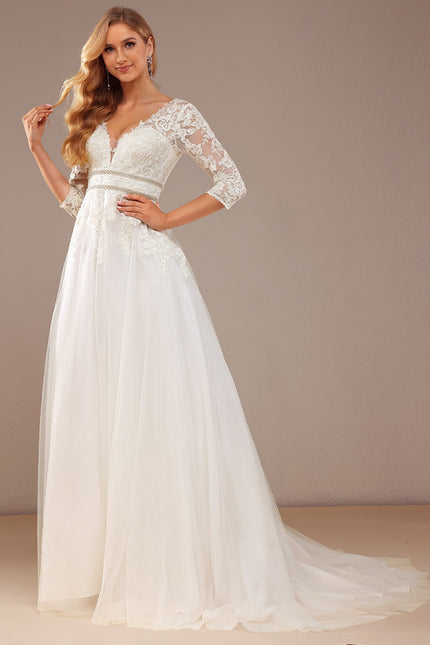 Robe Chic Blanche Traîne En Dentelle - gallery 6