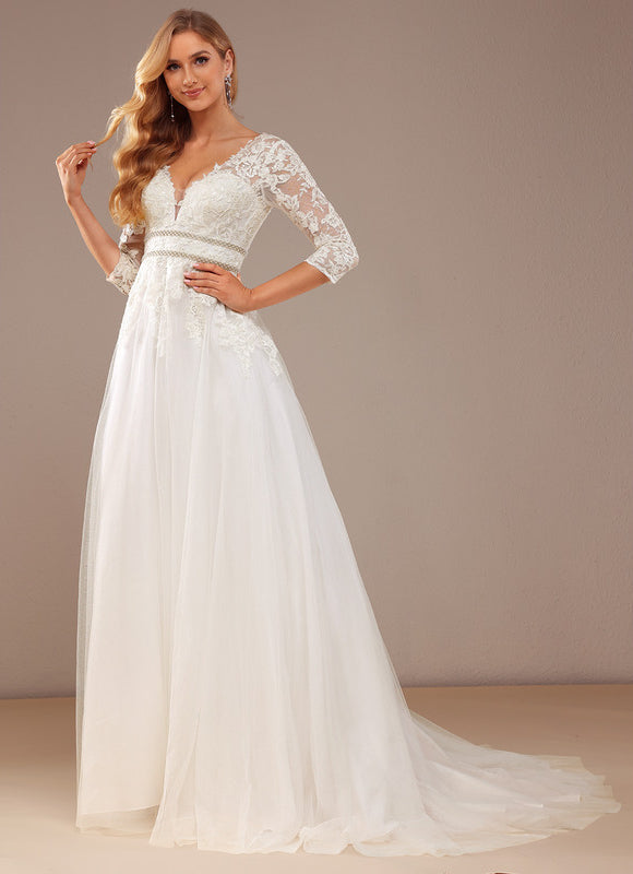 Robe Chic Blanche Traîne En Dentelle - gallery 6