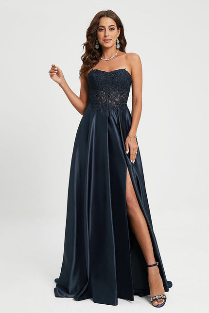 Robe Chic Bleu Nuit Satin Dentelle