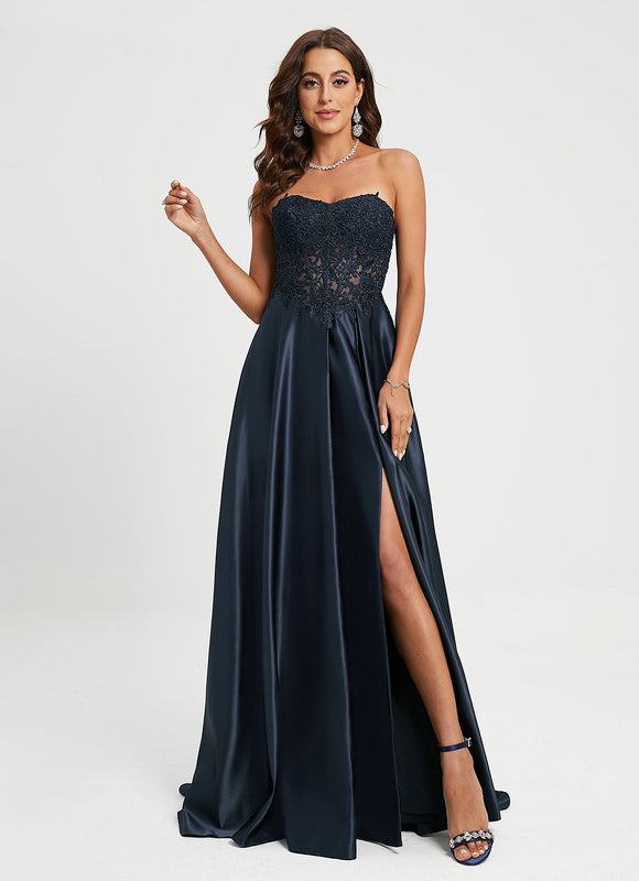Robe Chic Bleu Nuit Satin Dentelle