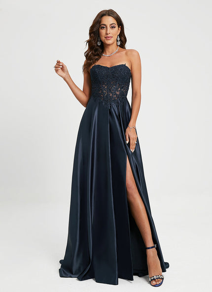 Robe Chic Bleu Nuit Satin Dentelle
