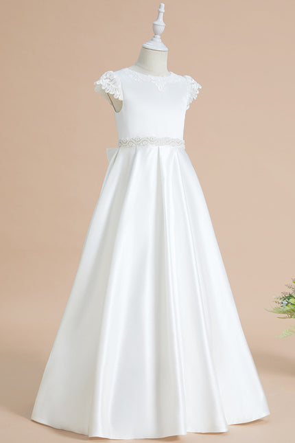 Robe Chic Blanche Satin Dentelle Pour Fille - gallery 3