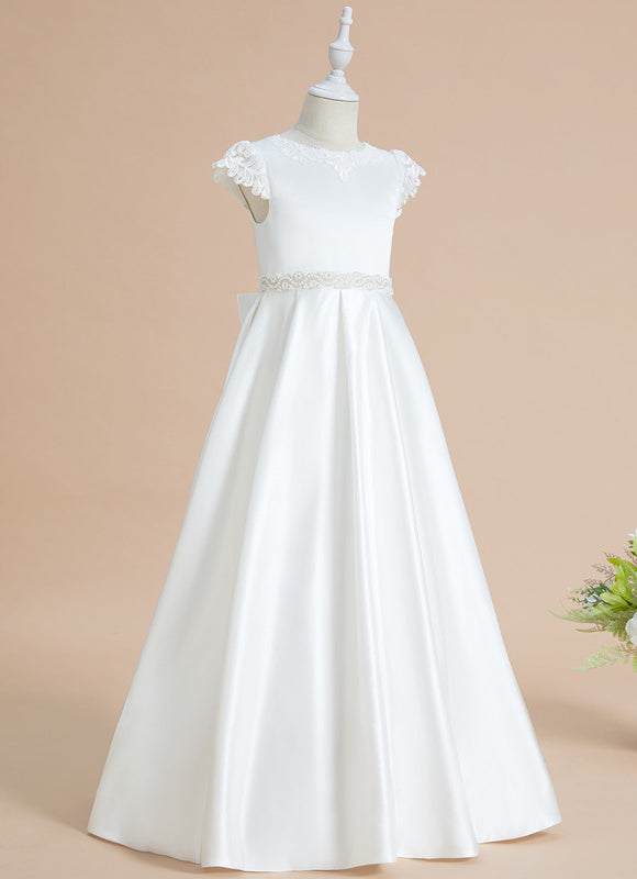 Robe Chic Blanche Satin Dentelle Pour Fille - gallery 3