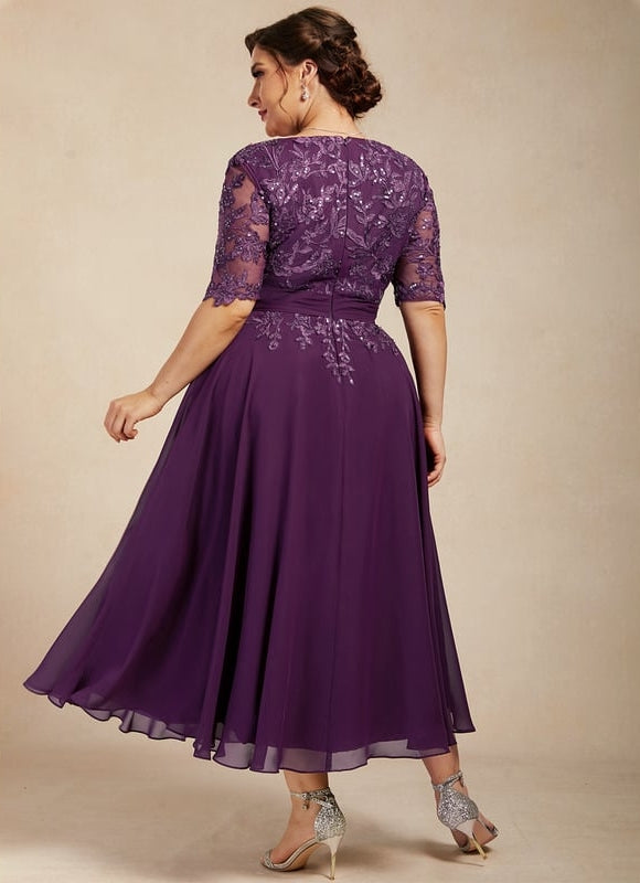 Robe Chic Violet Trapèze Dentelle Paillettes - gallery 8