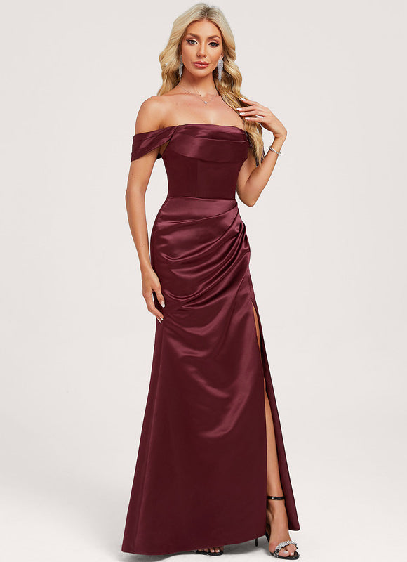Robe Chic Satin Bordeaux Ajustée - gallery 2