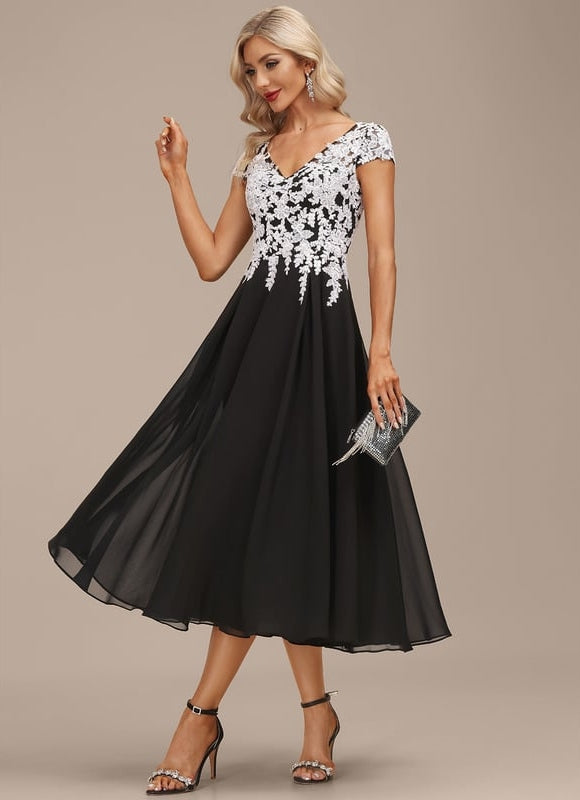 Robe Chic Noire Dentelle V-Cou Élégant - gallery 2