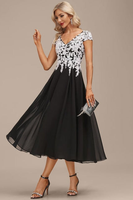 Robe Chic Noire Dentelle V-Cou Élégant - gallery 2