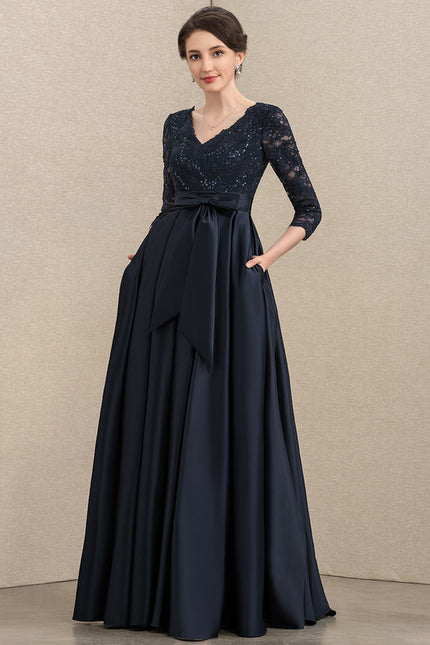 Robe Chic Bleu Nuit Évasée Satin Dentelle - gallery 1