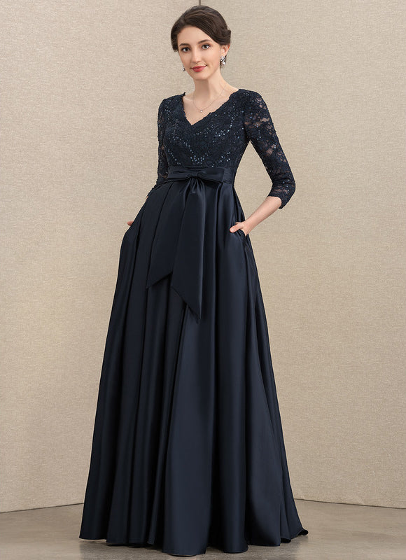 Robe Chic Bleu Nuit Évasée Satin Dentelle - gallery 1