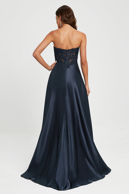 Robe Chic Bleu Nuit Satin Dentelle - gallery 3